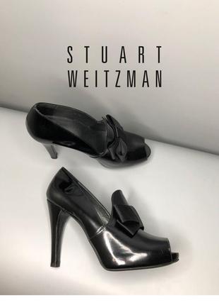 Stuart weitzman bowie кожаные туфли на каблуке с открытым носилки бант босоножки лоферы