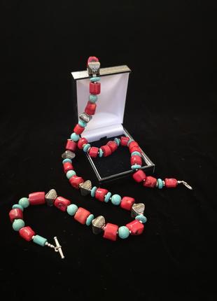 Ожерелье, браслет коралл бирюза ожерелье1 фото