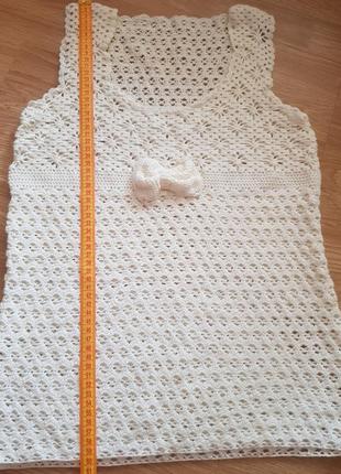 Ажурная вязаная блузка майка футболка, ручная вязка крючком 44-48 размер бежевый3 фото