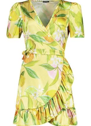 Sale атласне яскраве плаття в лимони з рюшем від boohoo xs-s-m5 фото