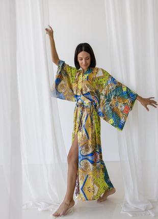 Стильное элегантное длинное кимоно атлас 42-50 халат пейсли