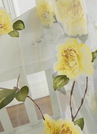 Тюль органза з квітковим малюнком жовті троянди1 фото