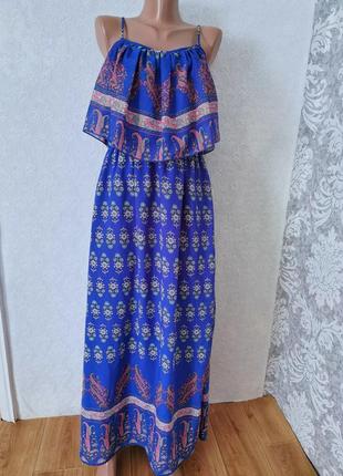 Красивое платье сарафан с воланом синего цвета в цветочек1 фото