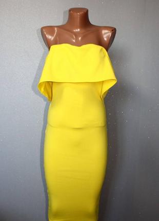Желтое миди платье сукня по фигуре с воланом открытые плечи рюш4 фото