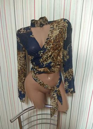 Блуза топ кроп,блузка на запах короткая,блуза под шею за запах