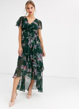 Нежнейшее шифоновое платье в цветы, изумрудное платье asos design lux