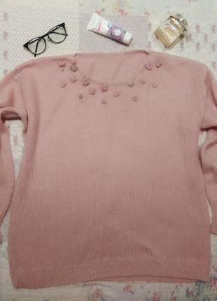 Тёплый розовый вязаный  свитер1 фото