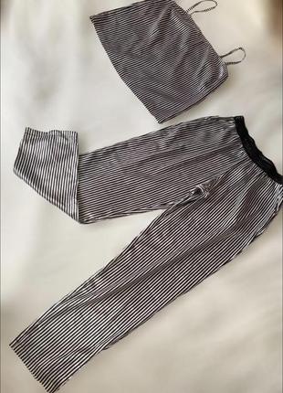 Шелковый костюм майка и штаны в полоску черно белый2 фото
