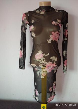 Прозрачное цветочное длинное  платье плаття сукня сетка водолазка1 фото