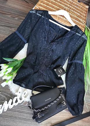 Шикарная чёрная шифоновая прозрачная блуза рукав волан 1063