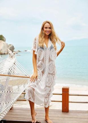 Пляжная летняя туника накидка пляжное платье длинная белая6 фото