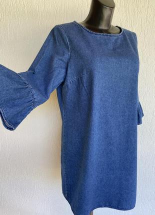 Фирменное стильное качественное натуральное джинсовое платье рукав в рюшу3 фото