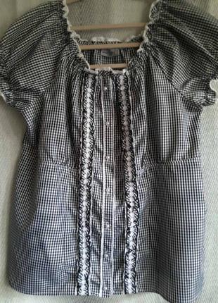 Женская нарядная летняя легкая блуза с рюшам, блузка в клетку с кружевом по типу вышиванка.  батал.1 фото