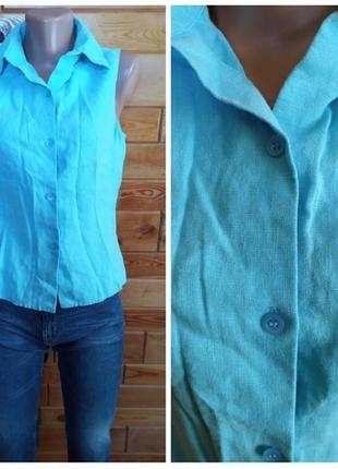 100% лен . голубая блузка рубашка сорочка безрукавка. размер написан l