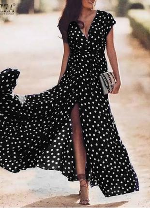 Платье на запах, 💃длинное, 💃в горошек, модное, повседневное, с декольте, 312/001, черный2 фото