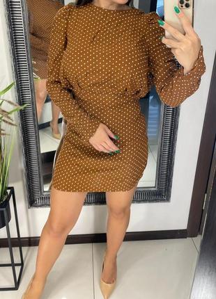 👗коричневое платье в горошек длинный рукав/закрытое жёлто-коричневое короткое платье в горох👗5 фото