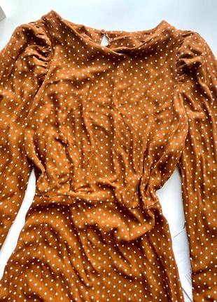 👗коричневое платье в горошек длинный рукав/закрытое жёлто-коричневое короткое платье в горох👗9 фото
