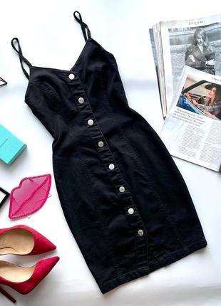 👗чёрное облегающее платье миди джинс/чёрное джинсовое платье с пуговицами на тонких бретельках👗9 фото