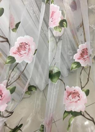 Тюль органза з квітковим малюнком рожеві троянди2 фото