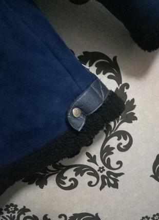 Шикарная синяя дубленка- косуха с кожаными вставками3 фото