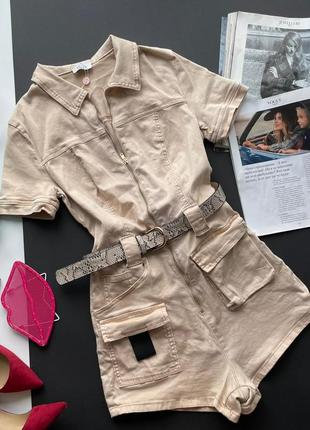 👗крутой бежевый комбинезон с шортами под пояс/бежевый комбез на молнии с карманами👗