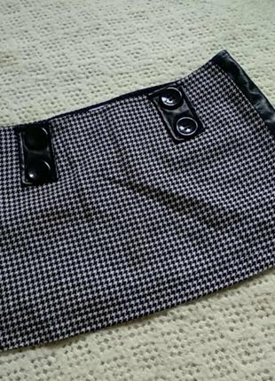 Короткая мини юбка гусиная лапка со вставками из искусственной кожи размер 36