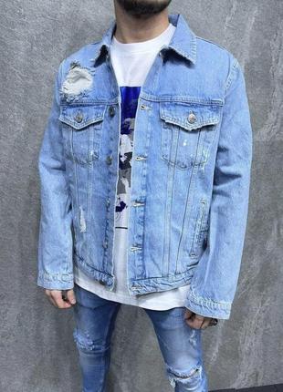 Джинсовка джинсовый пиджак рубашка мужская рваная голубая / джинсовая піджак сорочка рвана варенка