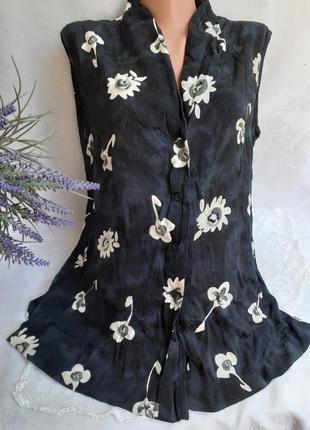Блуза сатин жаккард цветы без рукавов майка туника с разрезами на пуговицах летняя блузка