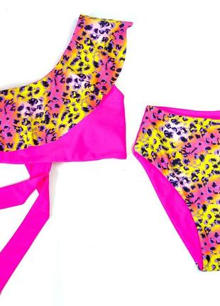 Купальник раздельный двухцветный малиновый с леопардовым принтом на девочку-подростка