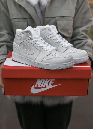 Женские кожаные высокие кроссовки nike air jordan retro 1 all white #гайк