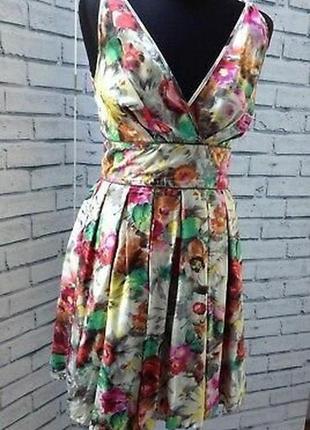 Шёлковое платье сарафан с v- образным вырезом, цветочный принт , 100% шёлк warehouse