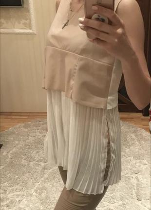 Летняя блуза плисе белая шифоновая и кожаным топом1 фото