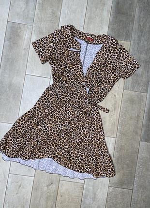 Леопардовое мини платье на запах,воланы(09)