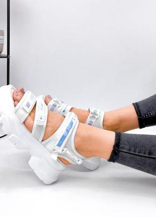 Стильные белые босоножки сандалии на платформе толстой подошве массивные модные спортивные из текстиля4 фото
