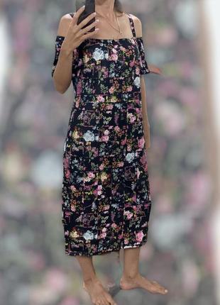 Платье сарафан миди в цветочный принт с открытыми плечами6 фото