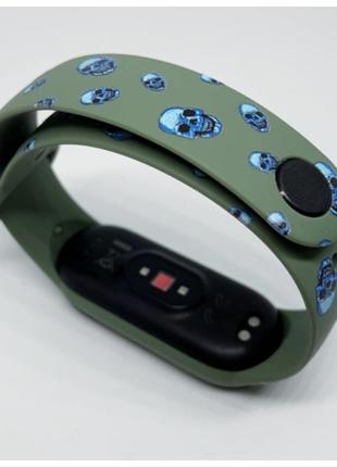 Ремешок силиконовый mi band 3 mi band 4 mi band 5 mi band 6 с рисунком черепа цвет хаки 💀 😍 👫 👍