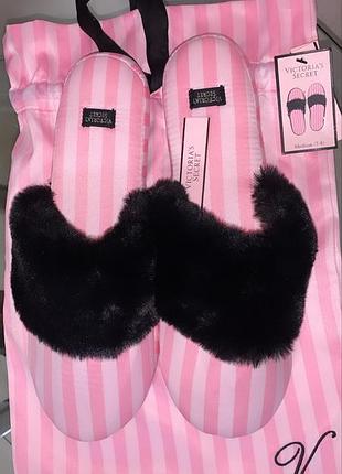 Тапочки комнатные victoria's secret signature satin slippers (р.38-39), розовые в полоску