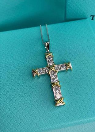 Брендовая подвеска-крест с цирконами серебро