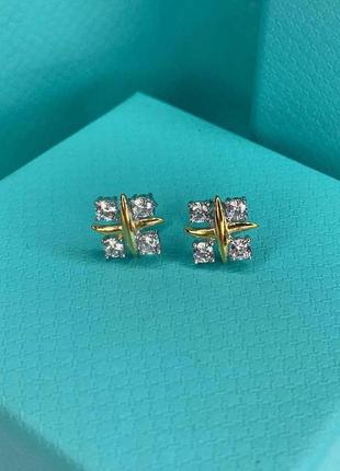 Брендові сережки з позолоченими хрестиками і цирконами в стилі шлюмберже 925