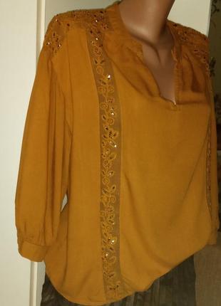 Блуза в бохо стиле горчичного цвета 100% вискоза 48,50,52р