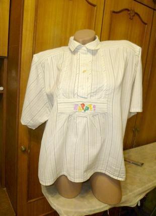 Свободная натуральная летняя блузка белая в полоску,короткий рукав,пог 62см1 фото