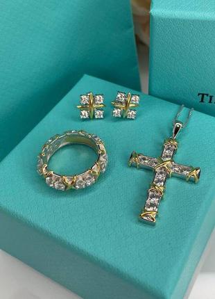 Брендовий комплект прикрас з цирконами і хрестиками з позолотою колекція шлюмберже срібло