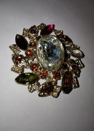 Большая винтажная брошь с кристаллами стразы камни круглая цветок винтаж4 фото