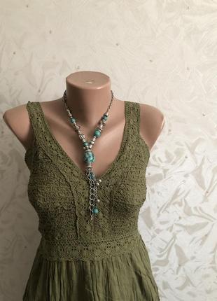 Сарафан длинный в пол платье зеленый хаки прошва выбитый вышитый шикарный шитье красивенный2 фото