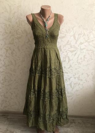 Сарафан длинный в пол платье зеленый хаки прошва выбитый вышитый шикарный шитье красивенный5 фото