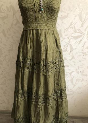 Сарафан длинный в пол платье зеленый хаки прошва выбитый вышитый шикарный шитье красивенный3 фото