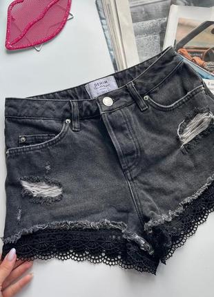 🩳отпадные чёрные джинсовые шорты с кружевом/рваные шорты высокая талия/тёмно серые короткие шорты🩳4 фото