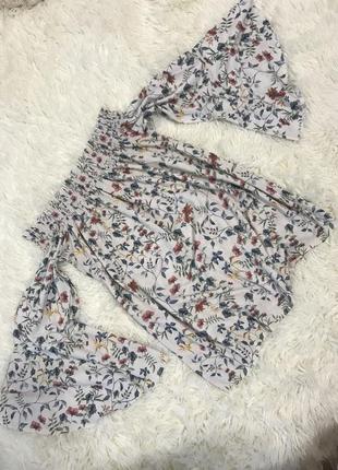 Нежная блуза летняя беж с цветами со спущенными плечами на резинке свободная1 фото