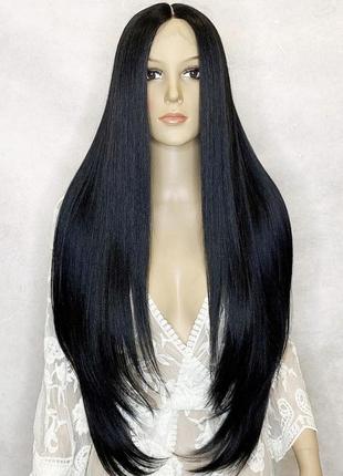 Парик на сетке lace wig черный длинный прямой с пробором термо