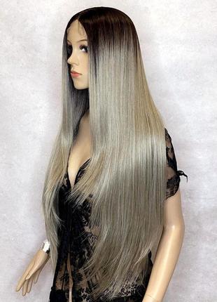 Парик на сетке lace wig пепельный блонд длинный прямой омбре2 фото
